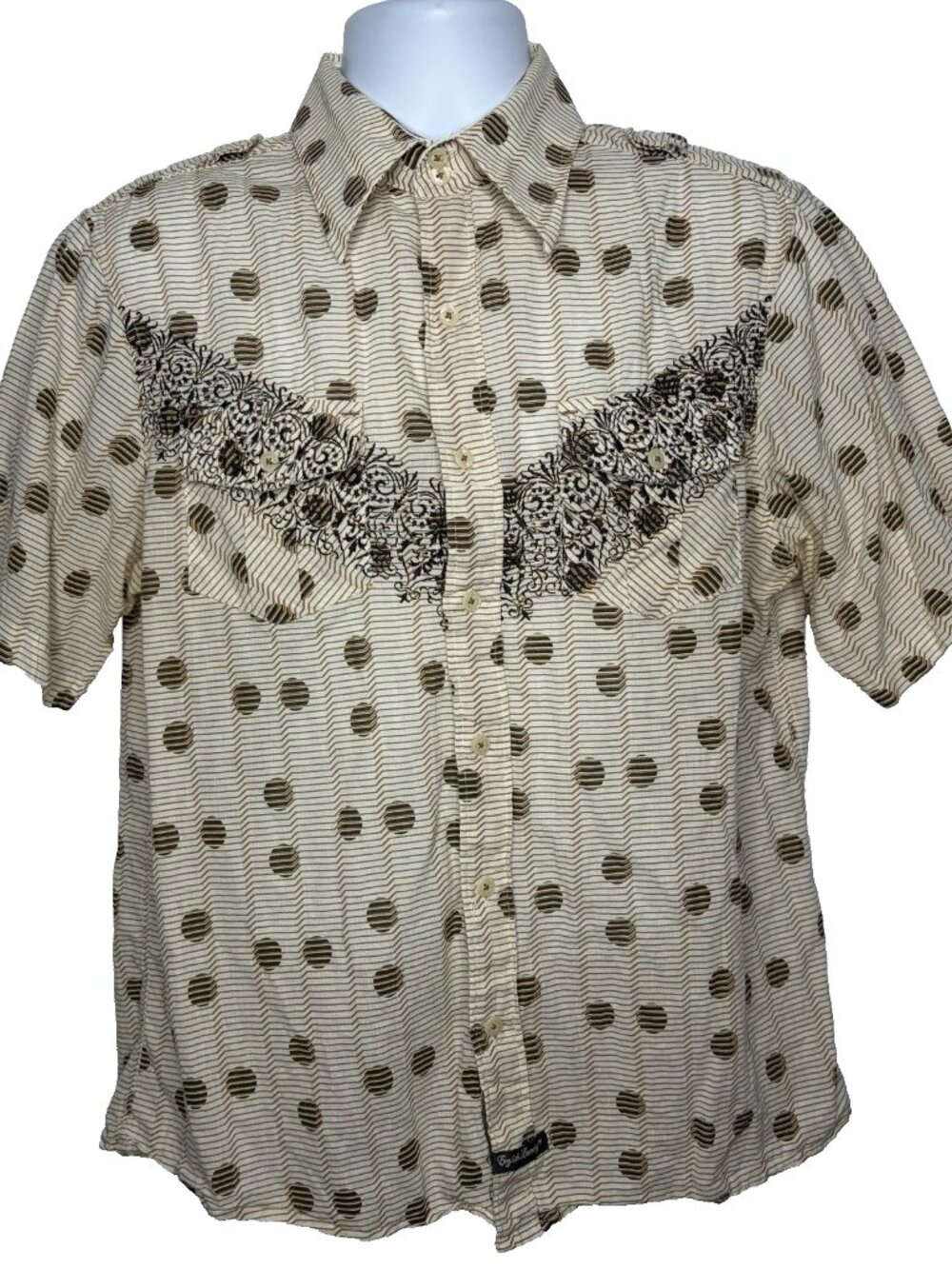 English Laundry Promenade Embroidered Button Up Shirt Size L Beige Brown Striped